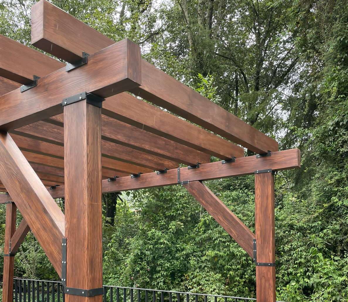 Custom fiberglass pergola with timber-look finish